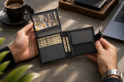 Personalised Black & Grey Leather Wallet – Bifold with Coin Pocket & Custom Engraving