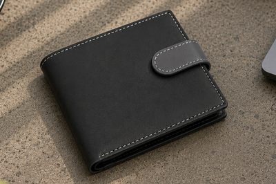 Personalised Black & Grey Leather Wallet – Bifold with Coin Pocket & Custom Engraving