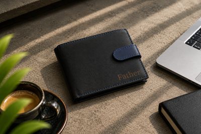 Personalised Black & Blue Leather Wallet – Bifold with Coin Pocket & Custom Engraving
