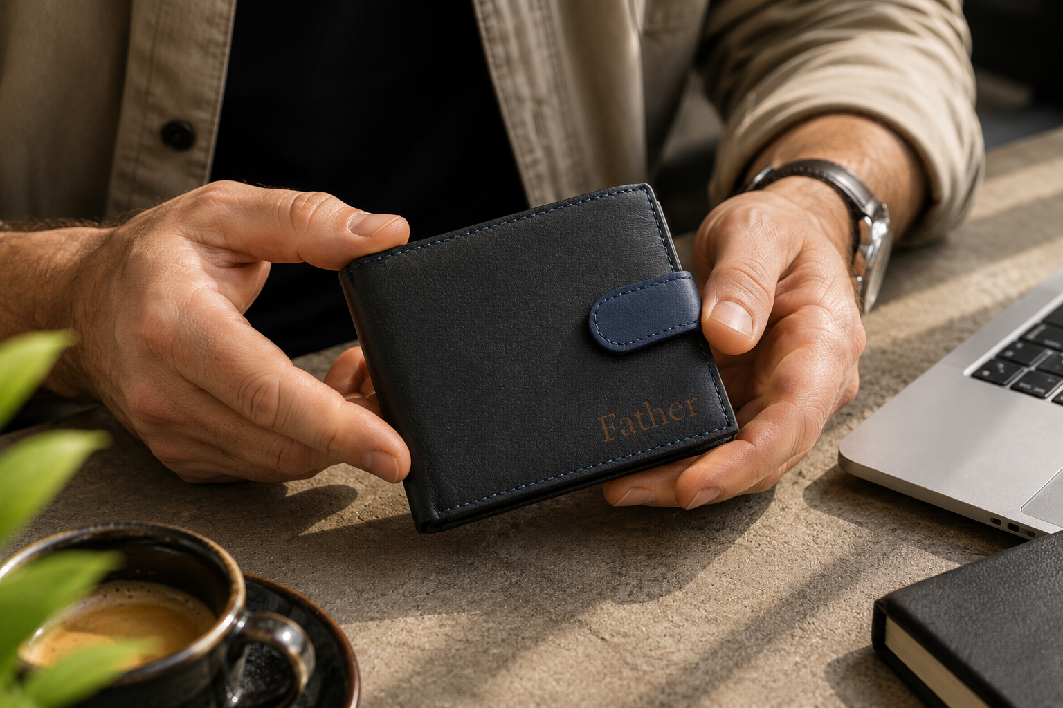 Personalised Black & Blue Leather Wallet – Bifold with Coin Pocket & Custom Engraving