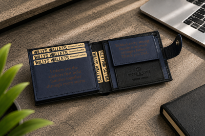 Personalised Black & Blue Leather Wallet – Bifold with Coin Pocket & Custom Engraving