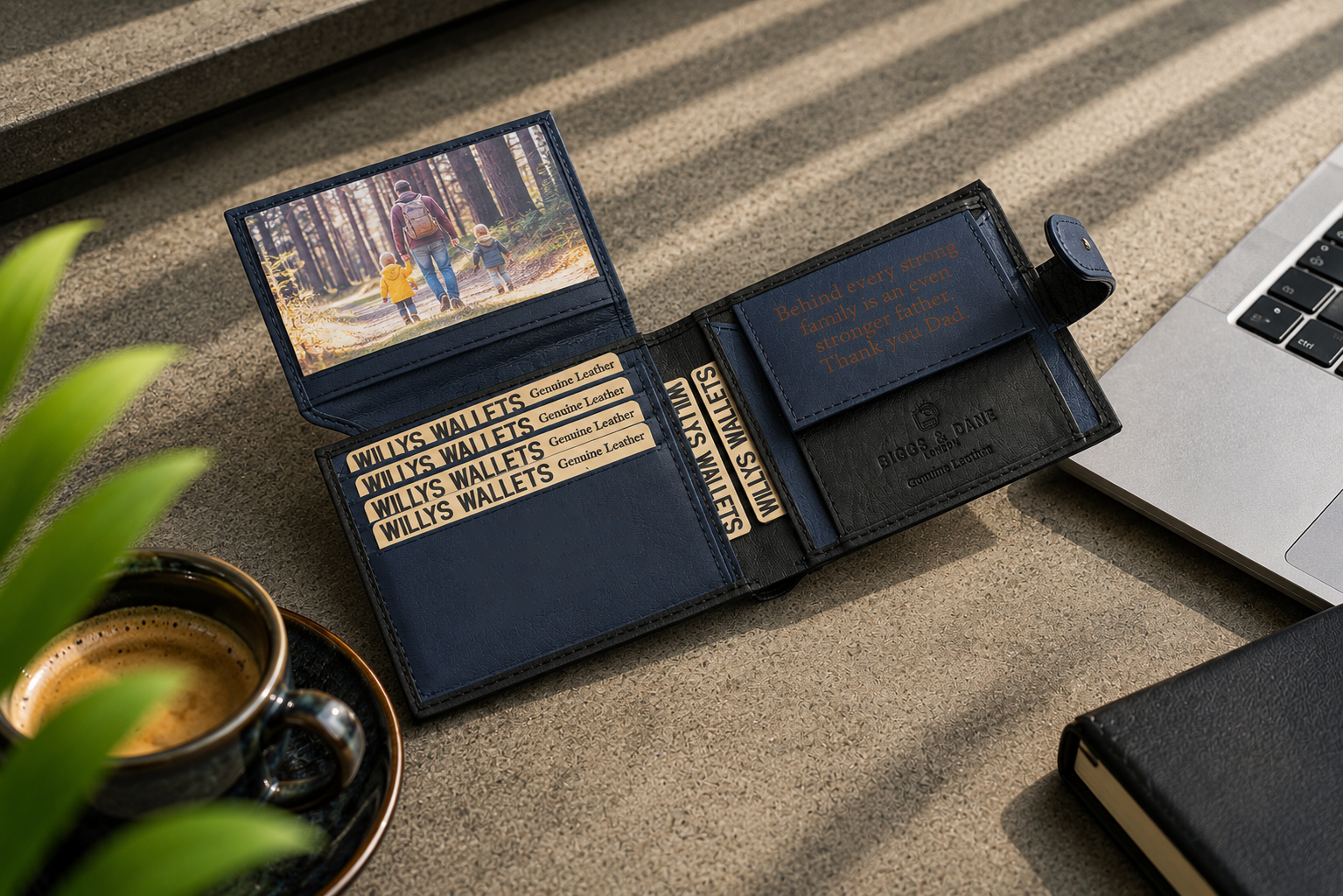 Personalised Black & Blue Leather Wallet – Bifold with Coin Pocket & Custom Engraving