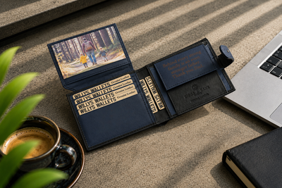 Personalised Black & Blue Leather Wallet – Bifold with Coin Pocket & Custom Engraving