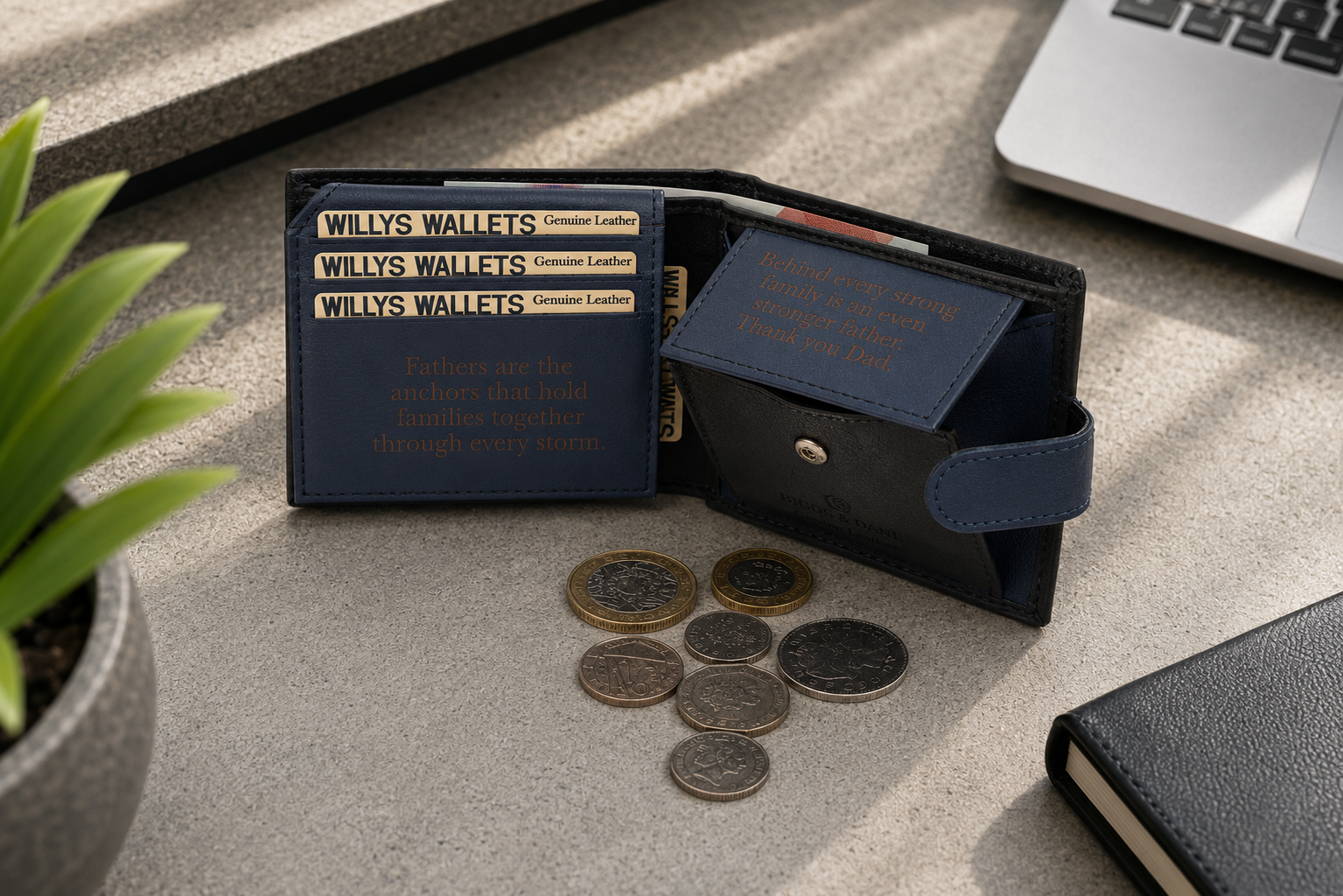 Personalised Black & Blue Leather Wallet – Bifold with Coin Pocket & Custom Engraving