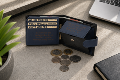 Personalised Black & Blue Leather Wallet – Bifold with Coin Pocket & Custom Engraving