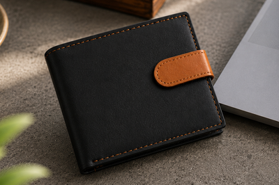 Personalised Black & Tan Leather Wallet – Bifold with Coin Pocket & Custom Engraving