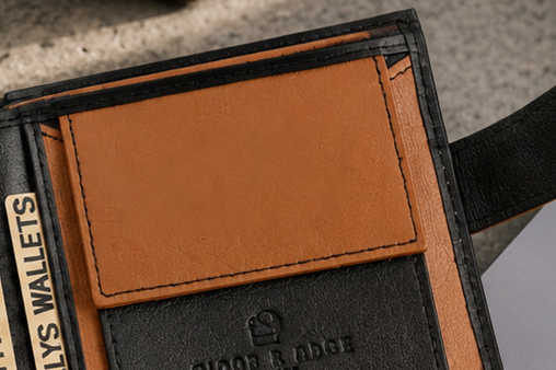Personalised Black & Tan Leather Wallet – Bifold with Coin Pocket & Custom Engraving