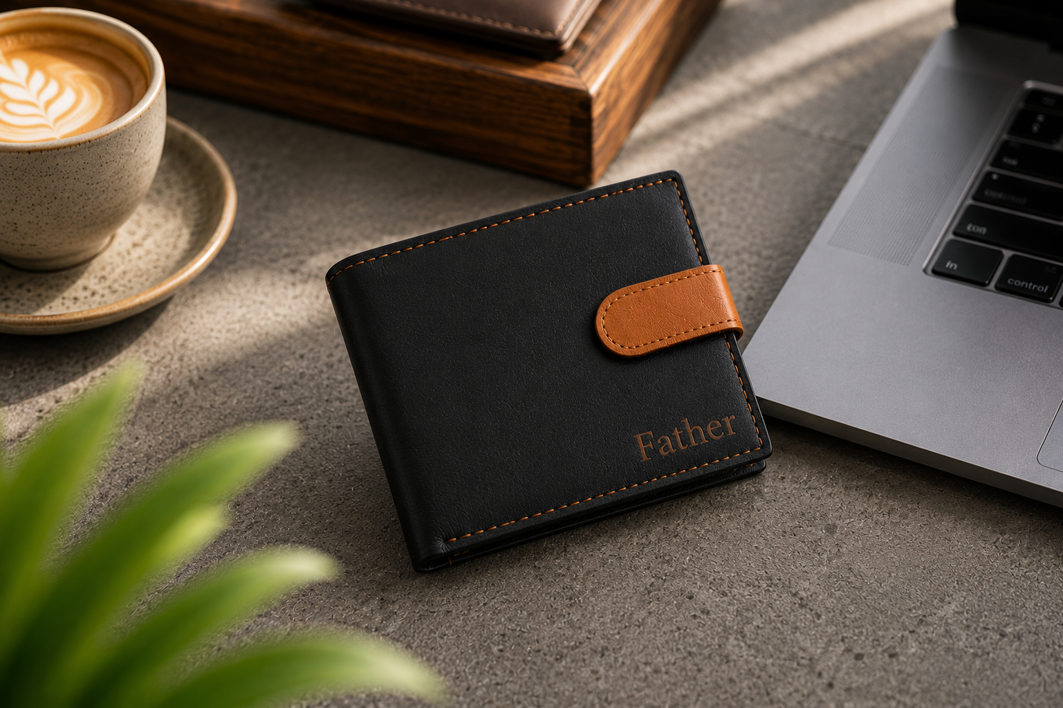 Personalised Black & Tan Leather Wallet – Bifold with Coin Pocket & Custom Engraving