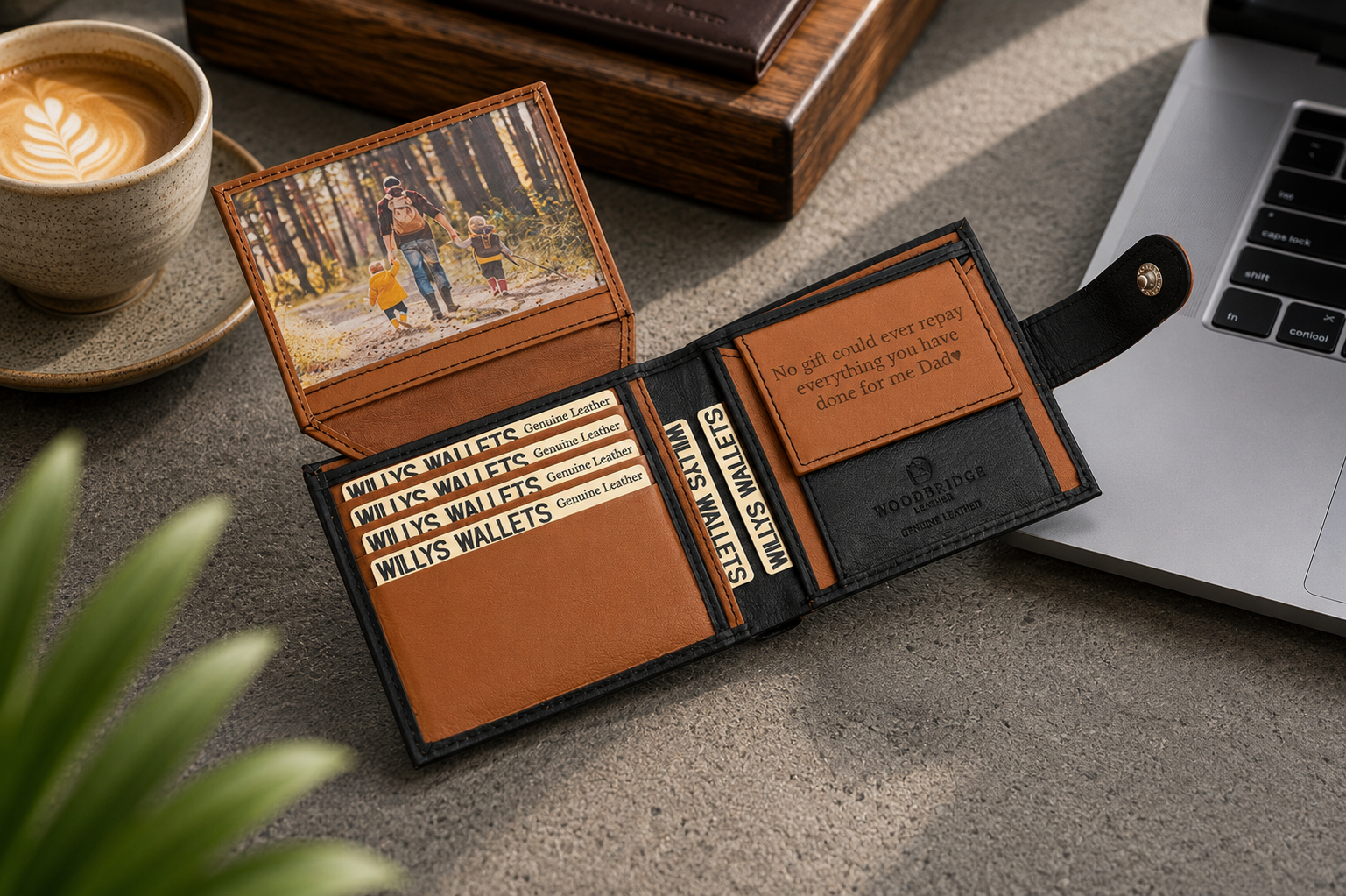 Personalised Black & Tan Leather Wallet – Bifold with Coin Pocket & Custom Engraving
