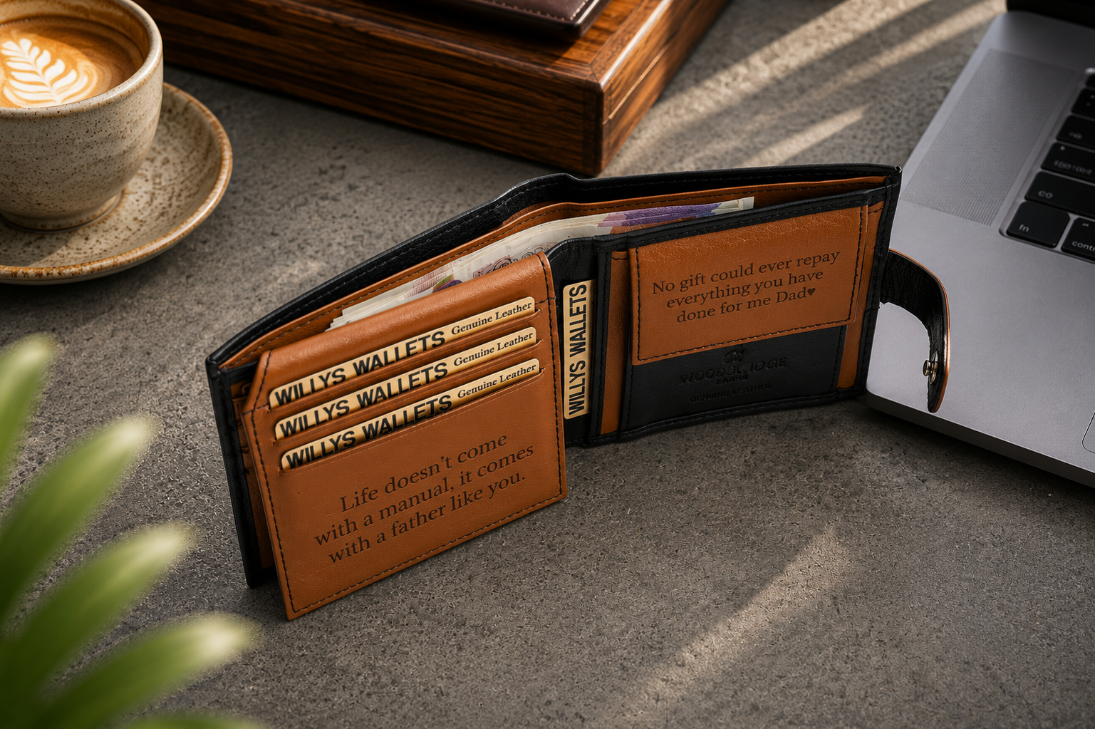 Personalised Black & Tan Leather Wallet – Bifold with Coin Pocket & Custom Engraving