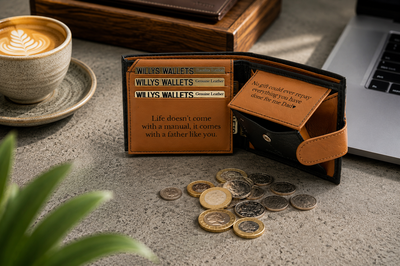 Personalised Black & Tan Leather Wallet – Bifold with Coin Pocket & Custom Engraving