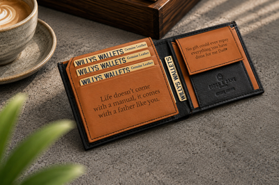 Personalised Black & Tan Leather Wallet – Bifold with Coin Pocket & Custom Engraving