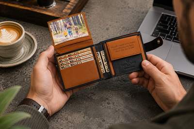 Personalised Black & Tan Leather Wallet – Bifold with Coin Pocket & Custom Engraving