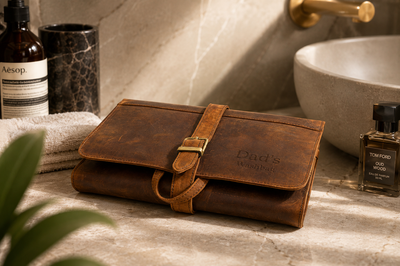 Personalised Brown Leather Hanging Wash Bag – Engraved Travel Toiletry Case
