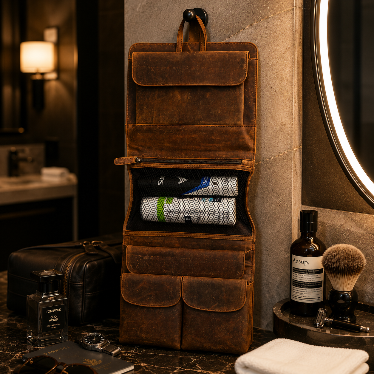 Personalised Brown Leather Hanging Wash Bag – Engraved Travel Toiletry Case