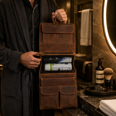 Personalised Brown Leather Hanging Wash Bag – Engraved Travel Toiletry Case