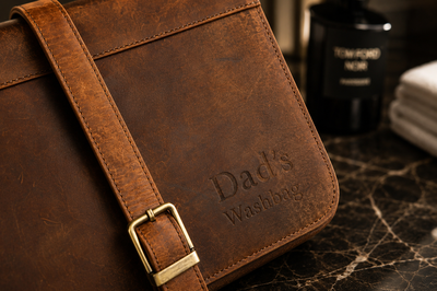 Personalised Brown Leather Hanging Wash Bag – Engraved Travel Toiletry Case