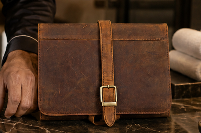 Personalised Brown Leather Hanging Wash Bag – Engraved Travel Toiletry Case