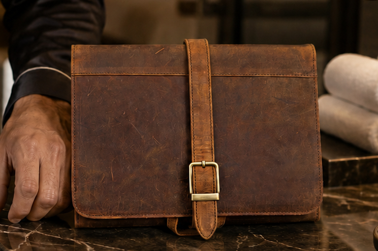 Personalised Brown Leather Hanging Wash Bag – Engraved Travel Toiletry Case