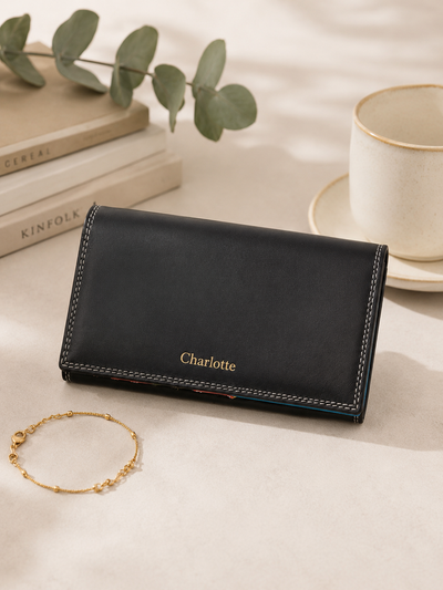 Personalised Black Multi Leather Purse – Women's RFID Long Wallet with 14 Card Slots & Coin Pocket