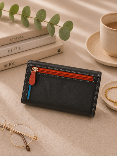 Personalised Black Multi Leather Purse – Women's RFID Long Wallet with 14 Card Slots & Coin Pocket