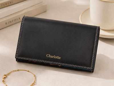 Personalised Black Multi Leather Purse – Women's RFID Long Wallet with 14 Card Slots & Coin Pocket