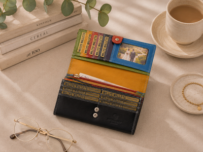 Personalised Black Multi Leather Purse – Women's RFID Long Wallet with 14 Card Slots & Coin Pocket
