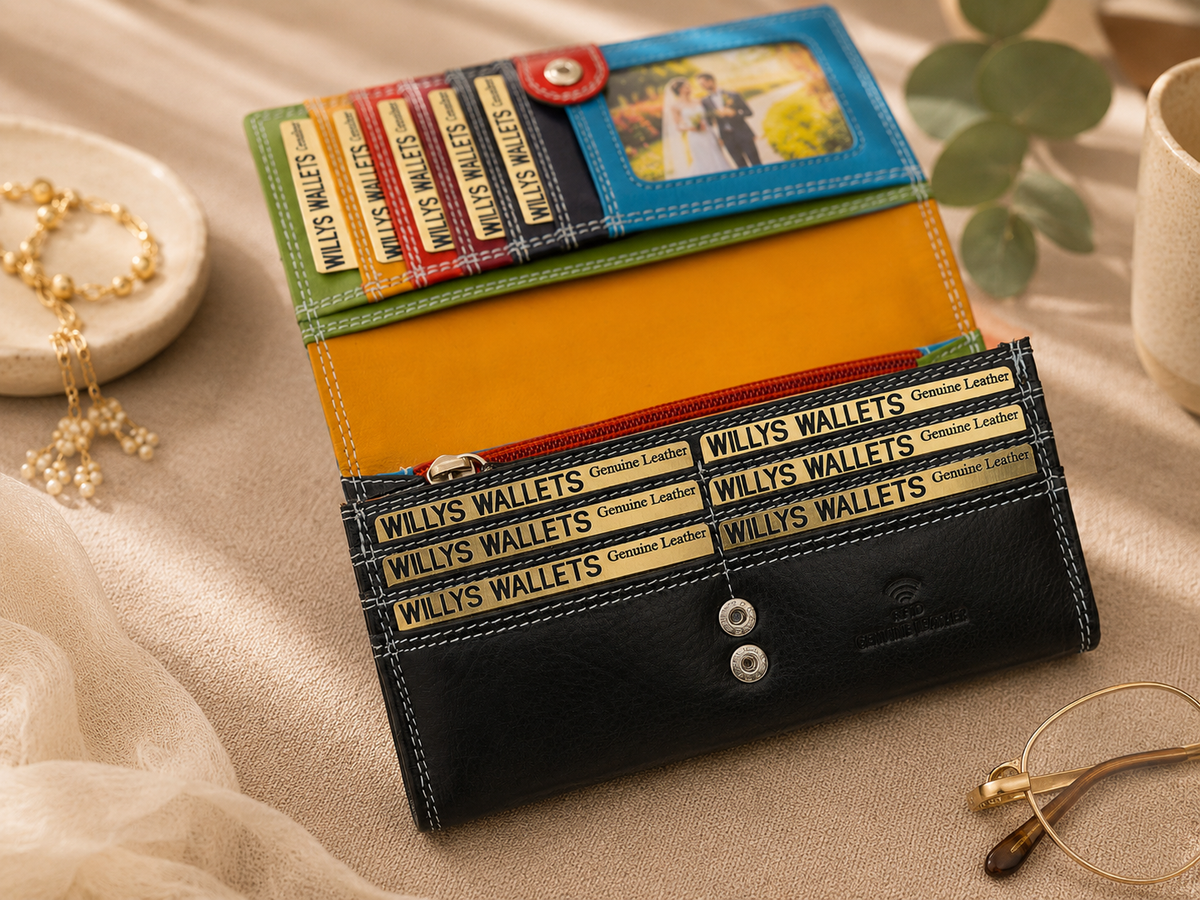 Personalised Black Multi Leather Purse – Women's RFID Long Wallet with 14 Card Slots & Coin Pocket