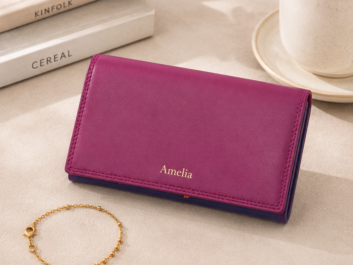 Personalised China Rose Multi Leather Purse – Women's RFID Long Wallet with 14 Card Slots & Coin Pocket