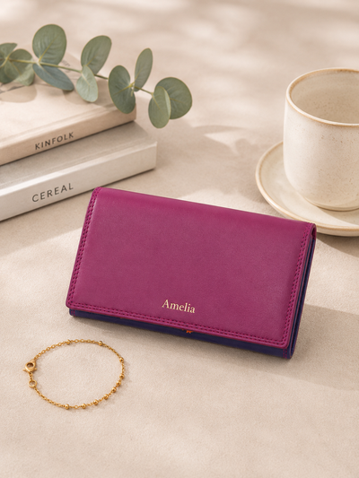Personalised China Rose Multi Leather Purse – Women's RFID Long Wallet with 14 Card Slots & Coin Pocket