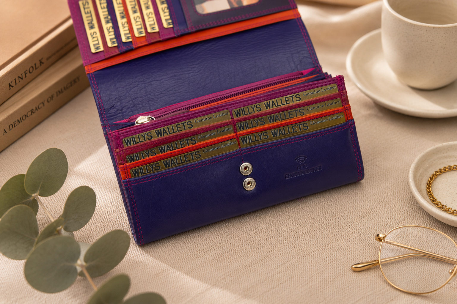 Personalised China Rose Multi Leather Purse – Women's RFID Long Wallet with 14 Card Slots & Coin Pocket