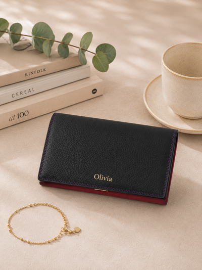 Personalised Midnight Multi Leather Purse – Women's RFID Long Wallet with 14 Card Slots & Coin Pocket