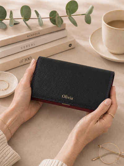 Personalised Midnight Multi Leather Purse – Women's RFID Long Wallet with 14 Card Slots & Coin Pocket