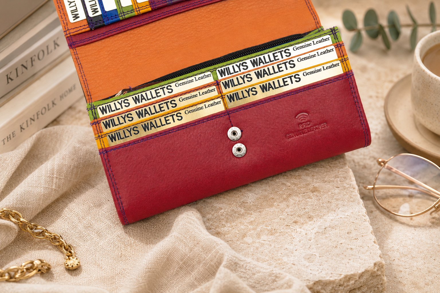 Personalised Midnight Multi Leather Purse – Women's RFID Long Wallet with 14 Card Slots & Coin Pocket