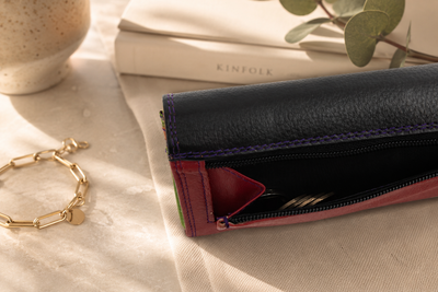 Personalised Midnight Multi Leather Purse – Women's RFID Long Wallet with 14 Card Slots & Coin Pocket