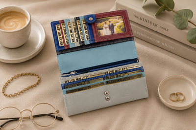 Personalised Sky Multi Leather Purse – Women's RFID Long Wallet with 14 Card Slots & Coin Pocket