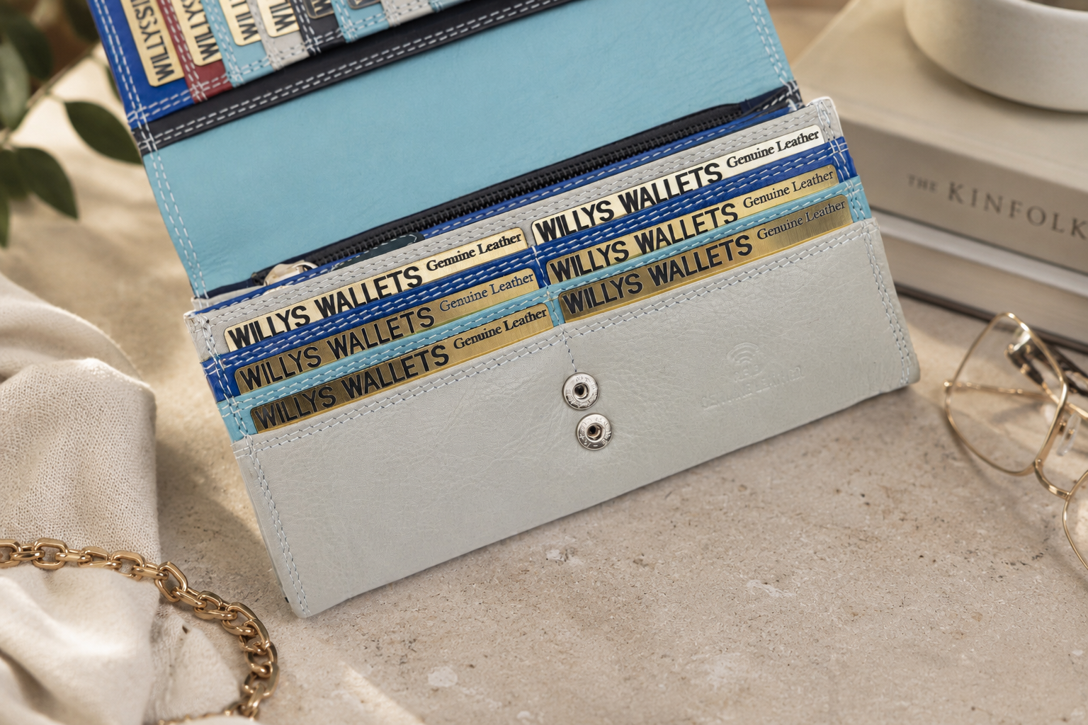 Personalised Sky Multi Leather Purse – Women's RFID Long Wallet with 14 Card Slots & Coin Pocket
