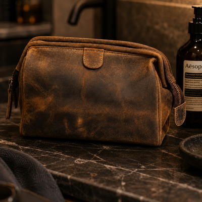 Personalised Brown Leather Wash Bag – Engraved Toiletry Bag for Travel