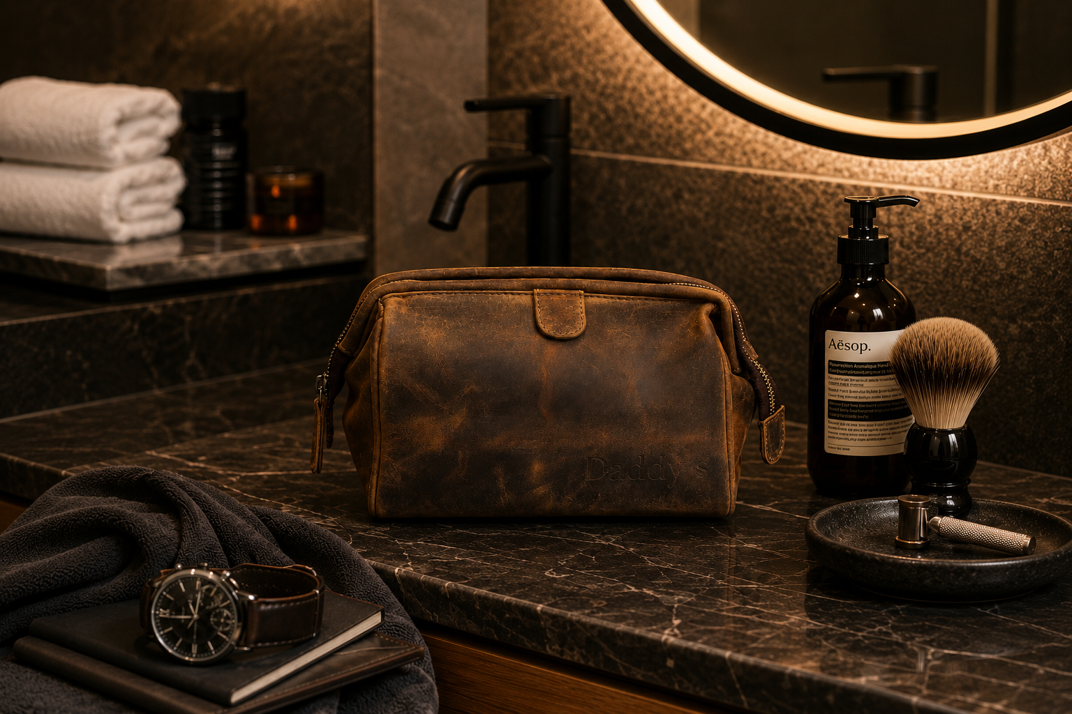 Personalised Brown Leather Wash Bag – Engraved Toiletry Bag for Travel
