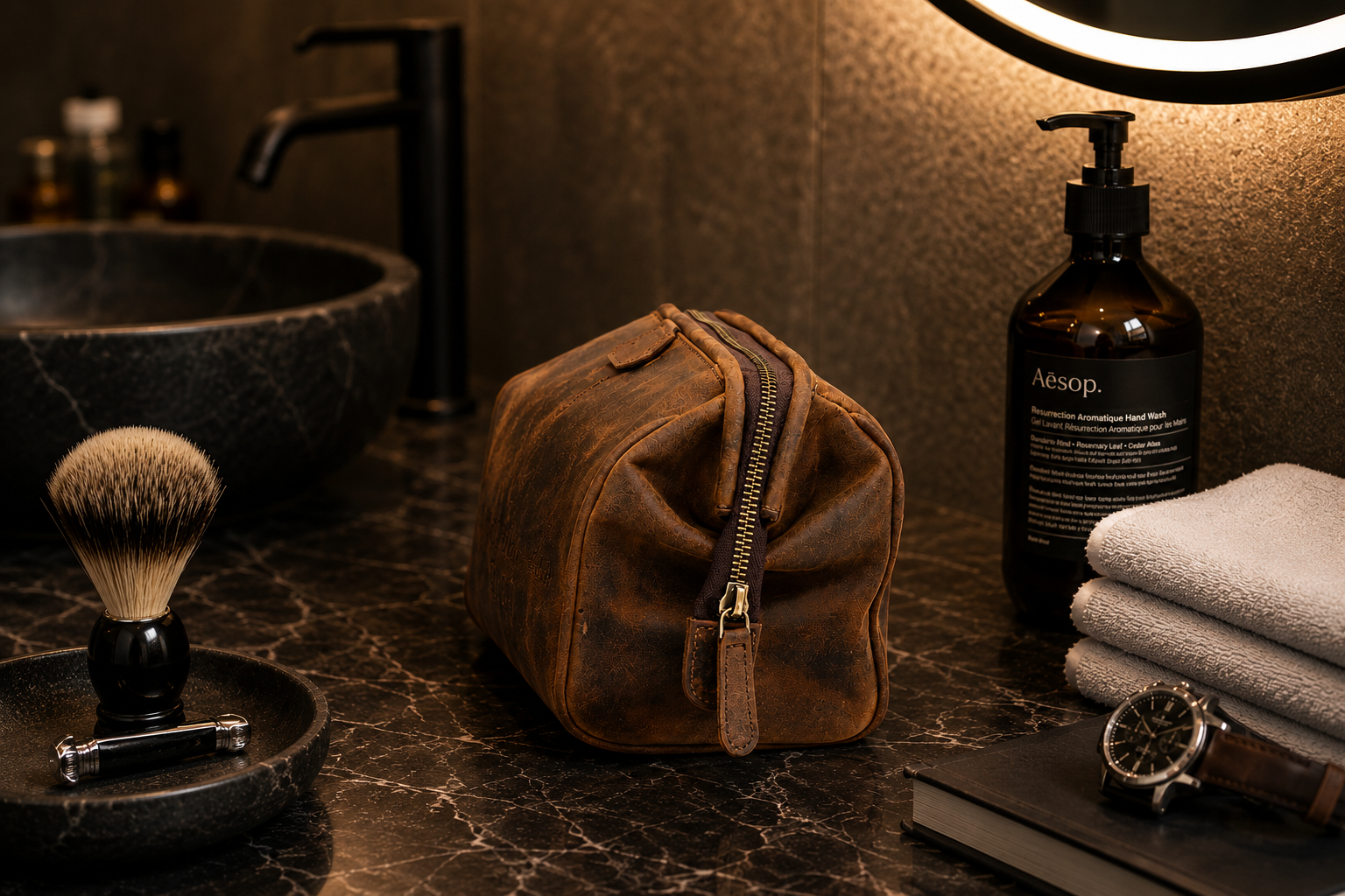Personalised Brown Leather Wash Bag – Engraved Toiletry Bag for Travel