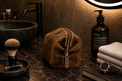 Personalised Brown Leather Wash Bag – Engraved Toiletry Bag for Travel