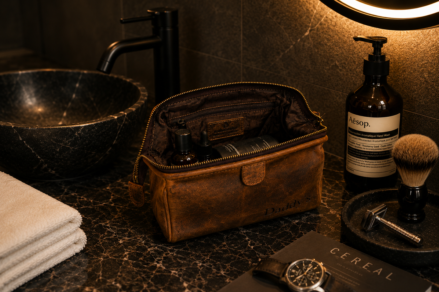 Personalised Brown Leather Wash Bag – Engraved Toiletry Bag for Travel