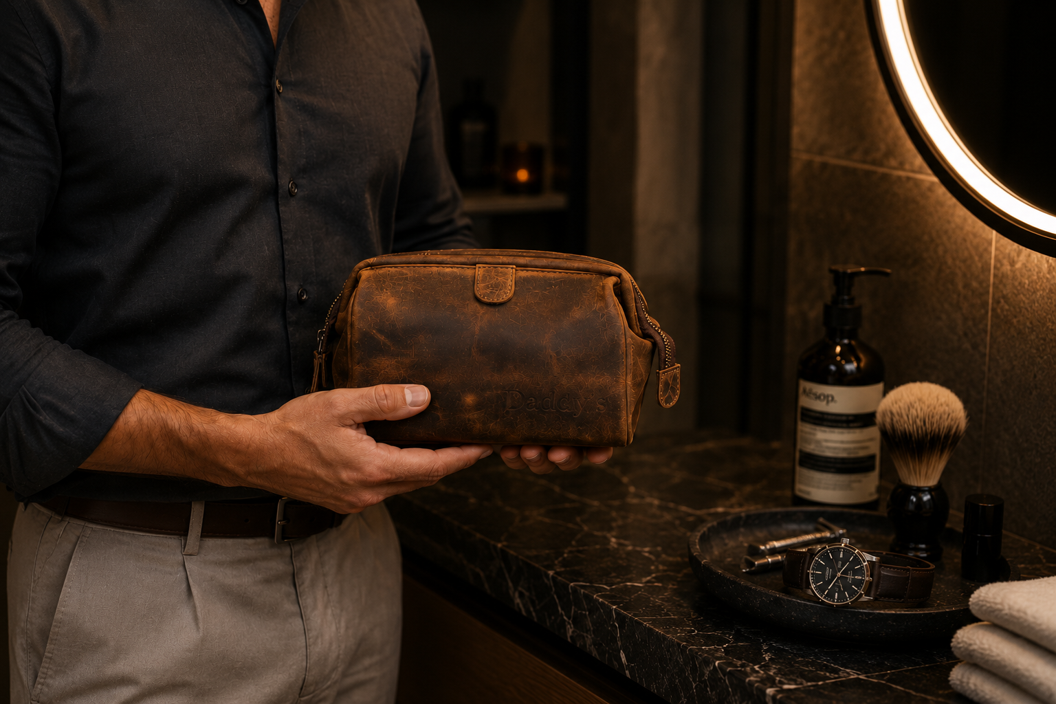 Personalised Brown Leather Wash Bag – Engraved Toiletry Bag for Travel