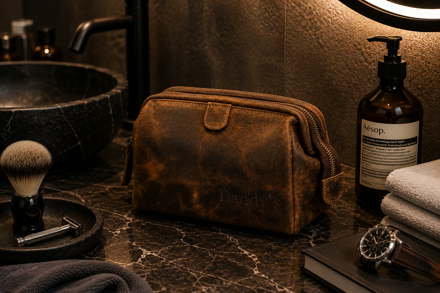 Personalised Brown Leather Wash Bag – Engraved Toiletry Bag for Travel