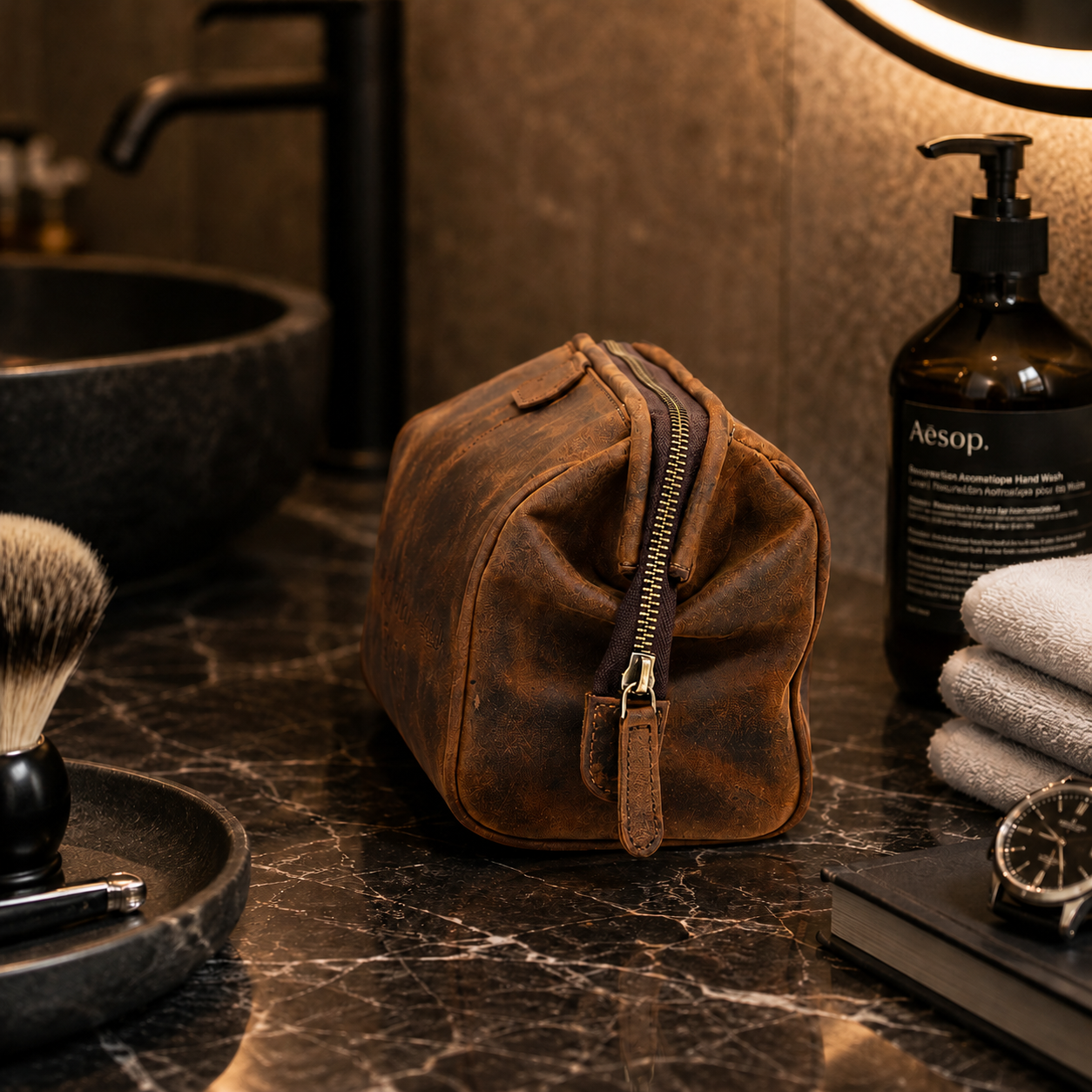 Personalised Brown Leather Wash Bag – Engraved Toiletry Bag for Travel