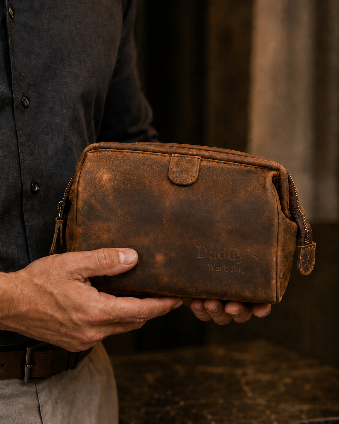 Personalised Brown Leather Wash Bag – Engraved Toiletry Bag for Travel