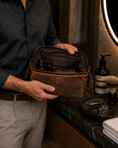 Personalised Brown Leather Wash Bag – Engraved Toiletry Bag for Travel
