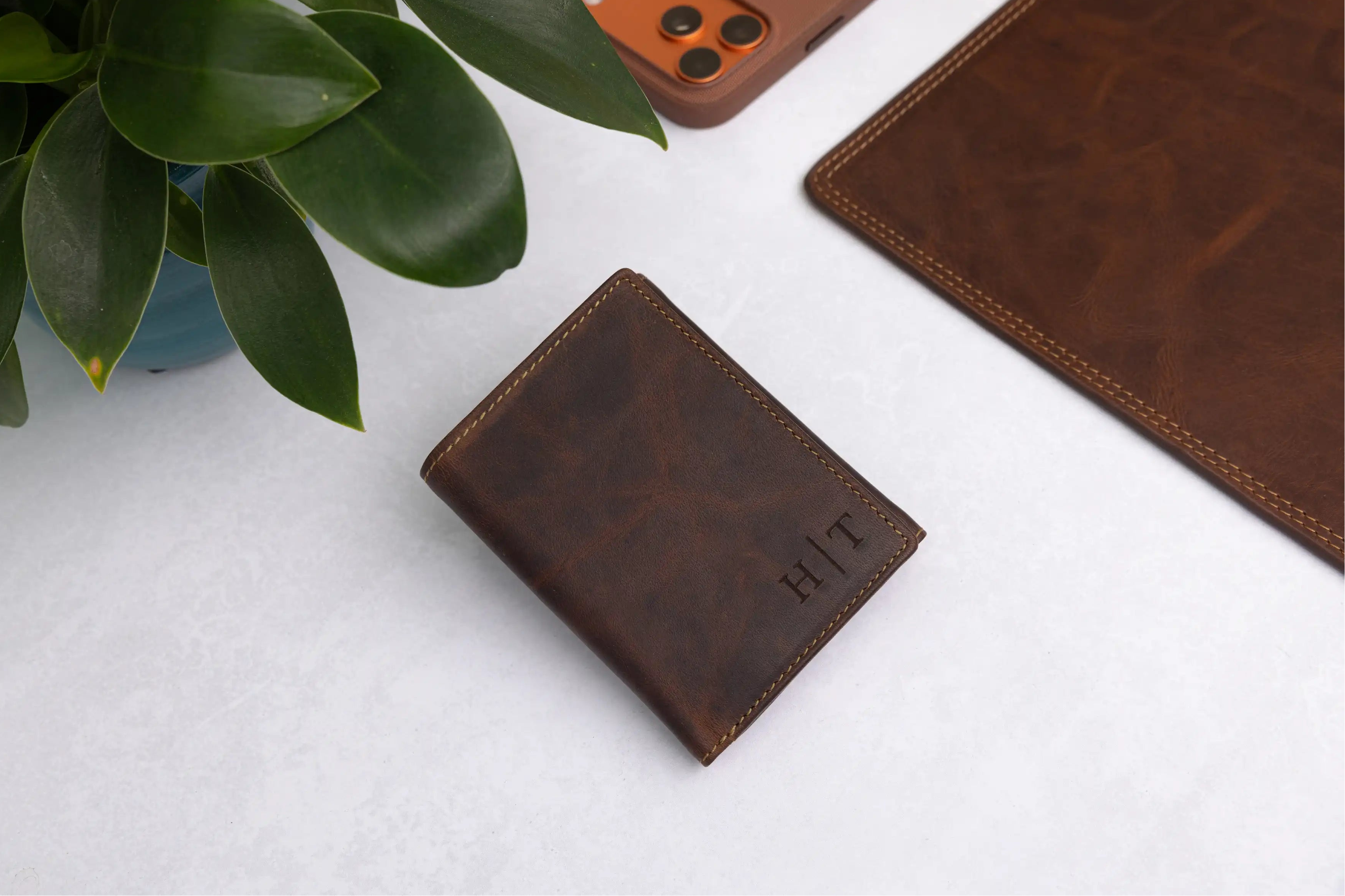 Personalised Brown Leather Wallet – Trifold Design with RFID Protection