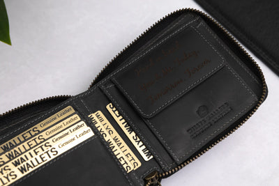 Personalised Black Hunter Leather Wallet – Bifold Zip-Around RFID Wallet
