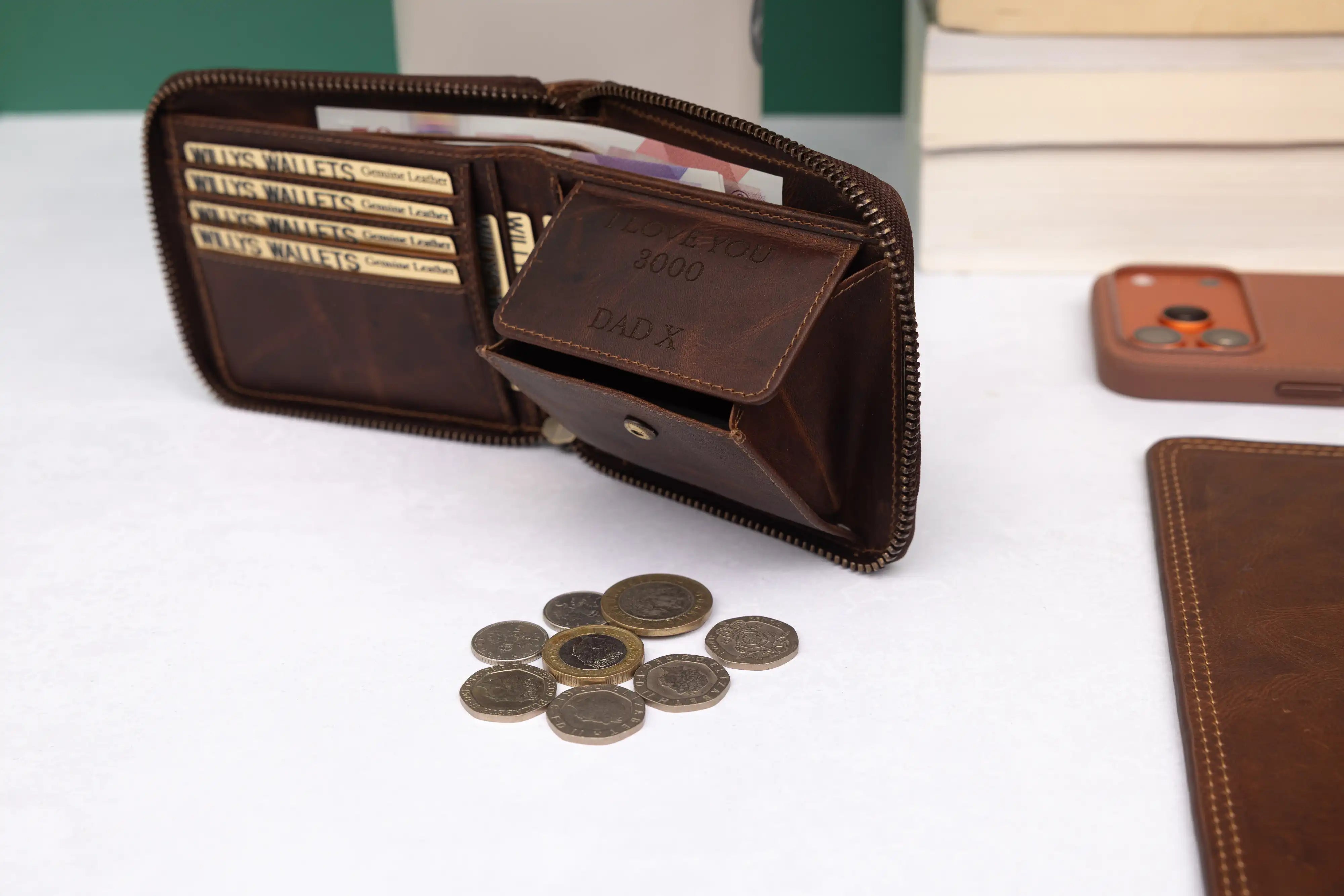 Personalised Brown Leather Wallet – Zip-Around Bifold Design